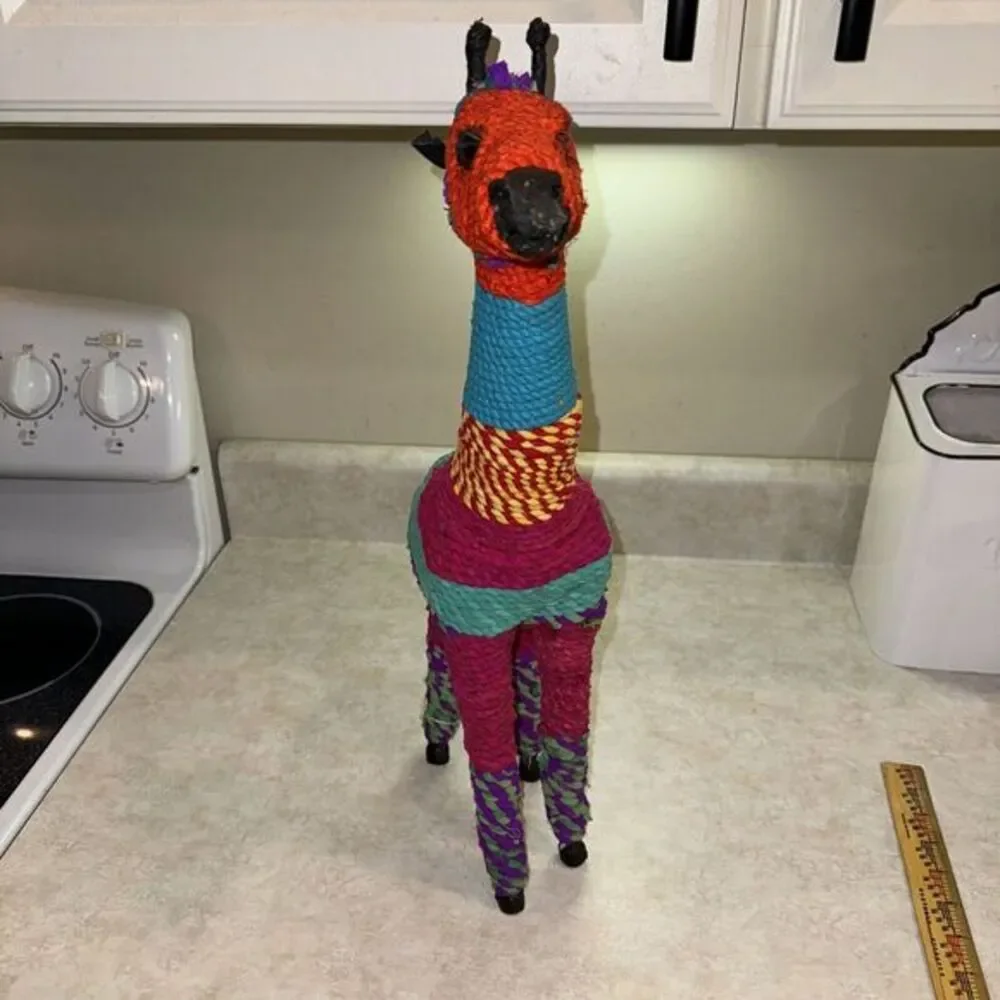 Handcrafted Giraffe Figurine Recycled Yarn Multicolor‎ India Boho Decor 12in